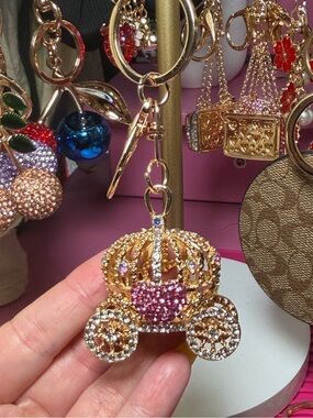 Crystal Carriage Keychain Charm - Gold & Pink
